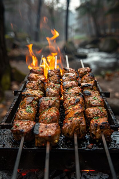 Grilled meat skewers over an open flame in a forest setting showcasing smoky barbeque cooking and a