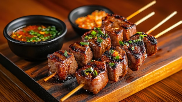 Grilled meat skewers served with dipping sauce on a wooden platter