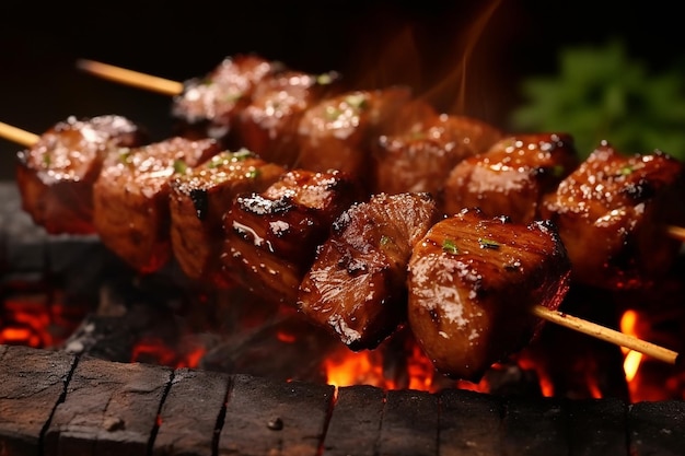 Grilled meat skewers shish kebab on black background top view