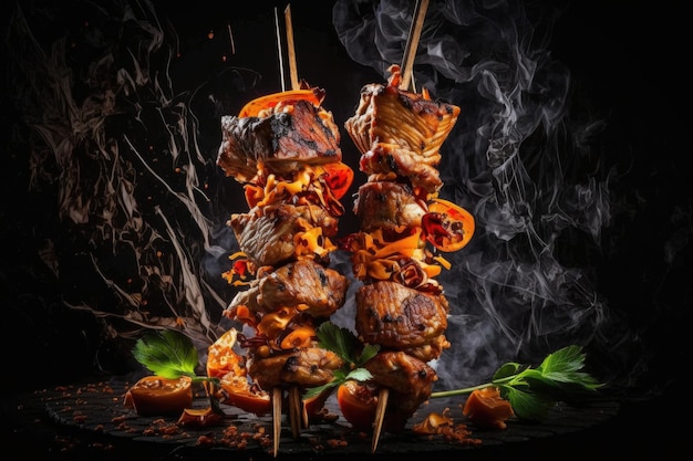 Grilled meat skewers shish kebab Illustration AI Generative