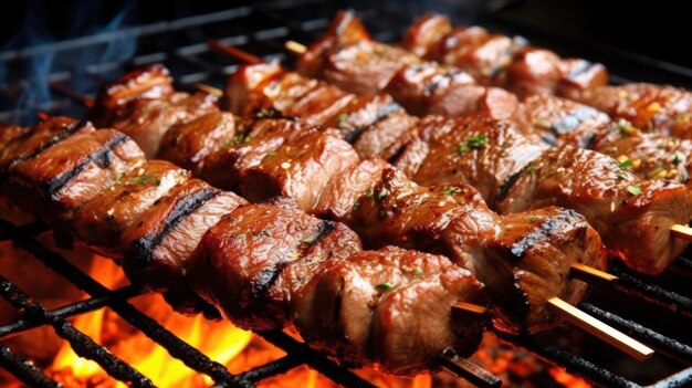 Grilled meat skewers shish kebab Juicy and tasty grilled shashlik Generative AI