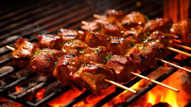 Grilled meat skewers shish kebab Juicy and tasty grilled shashlik Generative AI