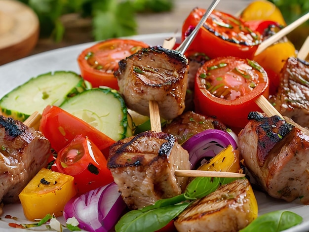 Photo grilled meat skewers with fresh vegetables and spices