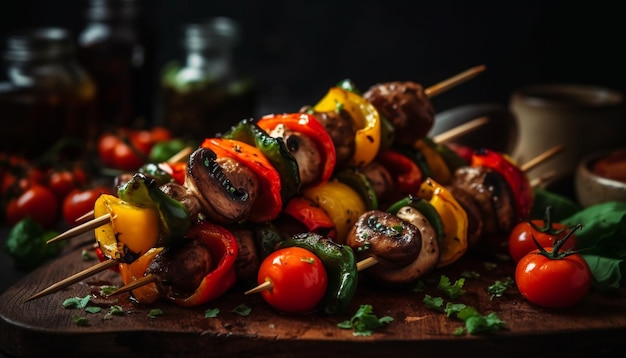 Grilled meat skewers on wooden plate gourmet meal generated by AI