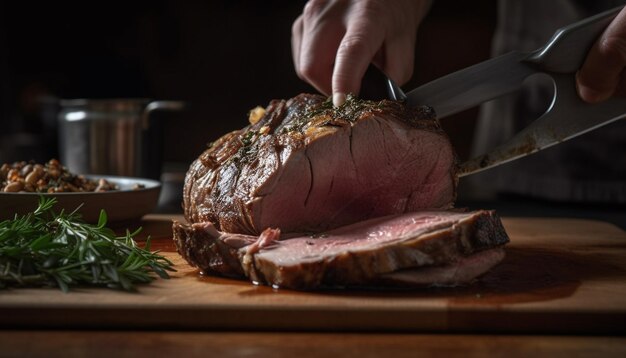 Grilled meat slice on rustic wood table ready to eat main course generated by AI