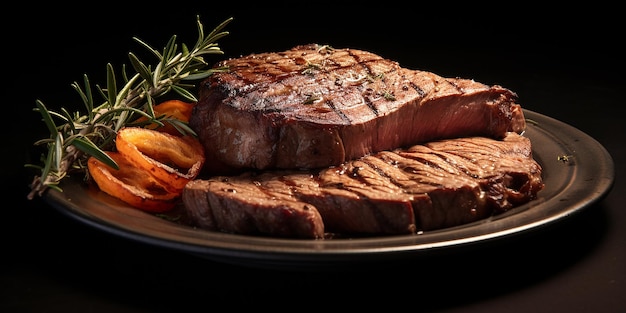 Grilled meat steak served on a plate with spices and herbs aesthetic image for restaurant menu