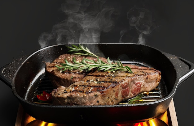 Grilled meat steak with smoke in grill pan with rosemary