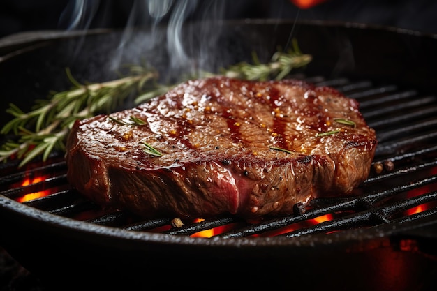 Grilled meat steak with spices and rosemary on grill