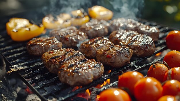 Grilled Meat and Tomatoes on a BBQ Grill Photo