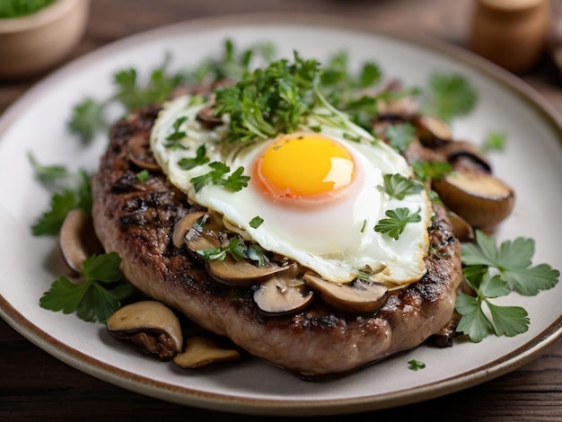 grilled meat topped with parsley mushroom and egg