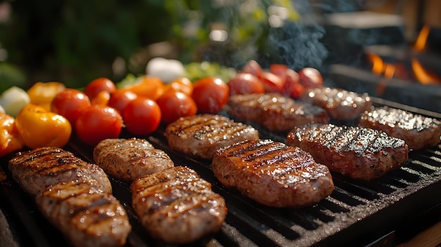 Grilled Meat and Vegetables on a Barbecue Grill