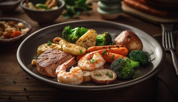 Grilled meat and vegetables on rustic plate generated by AI