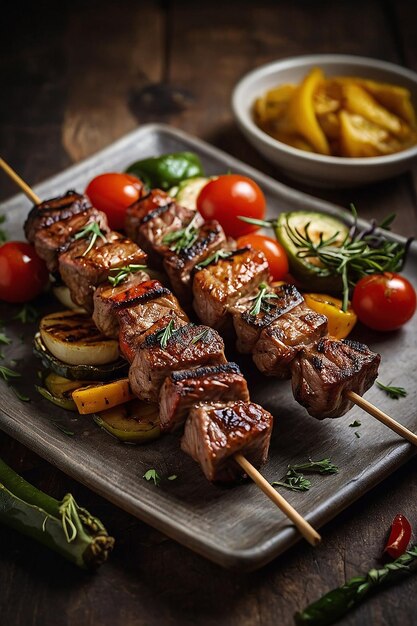 Grilled meat and vegetables on rustic skewers