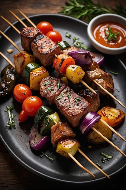 Grilled meat and vegetables on rustic skewers