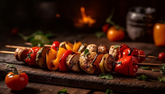 Grilled meat and vegetables on skewers delicious meal generated by AI