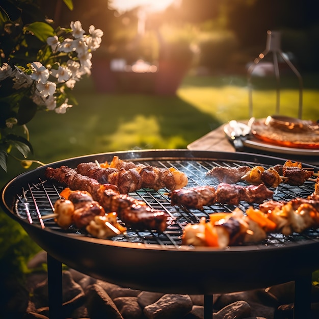 Grilled meat with potatoes and beer on a wooden table at sunset Barbecue with delicious food