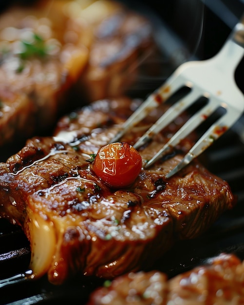 a grilled meat with a tomato on it