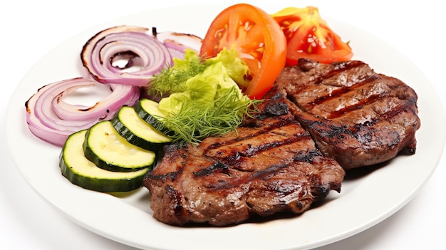 Grilled meat with vegetable salad plated on white background