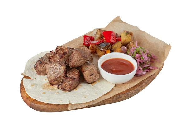 Grilled meat with vegetables, restaurant dish, image isolate