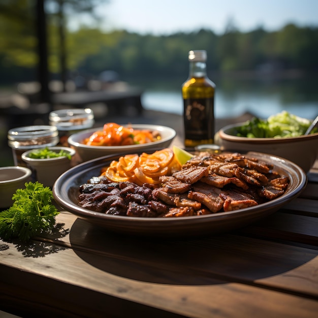 Grilled meat with vegetables and wine on the background of the river Luxury dinner next the lake