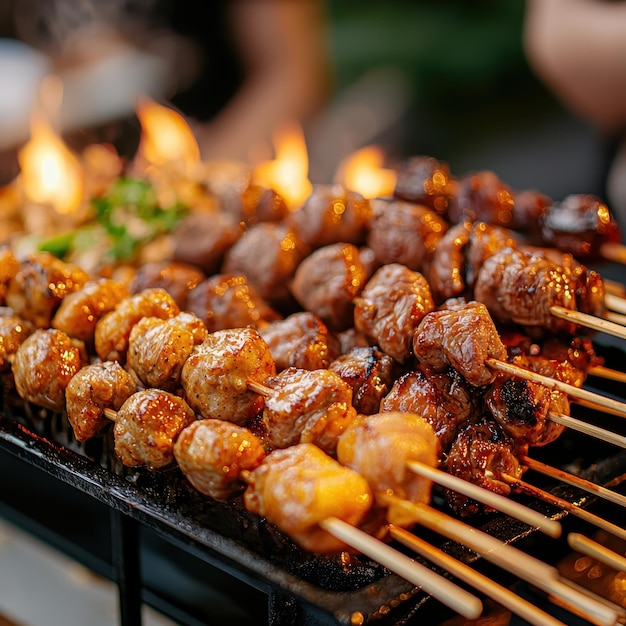 Grilled Meatballs on Skewers with Flames in Background