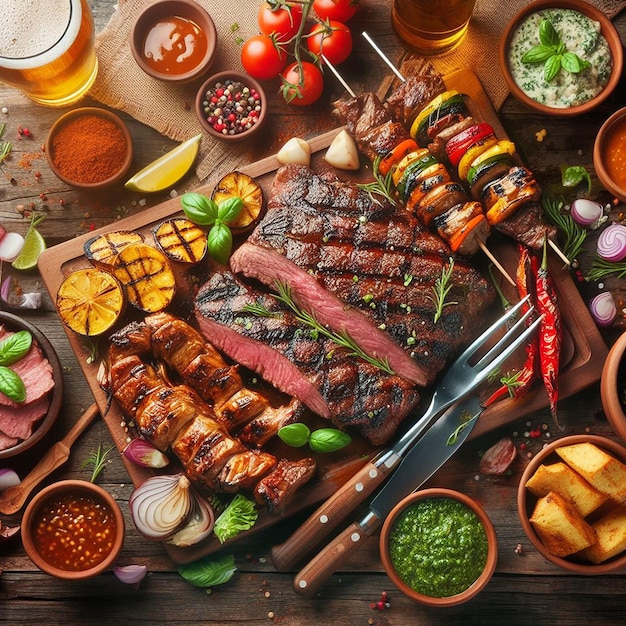 Grilled Meats Chimichurri Sauce and Colorful Sides