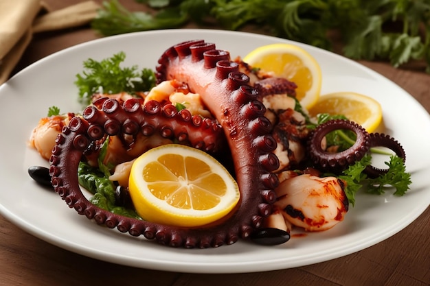 Grilled octopus A plate of octopus with lemon slices and lemon slices