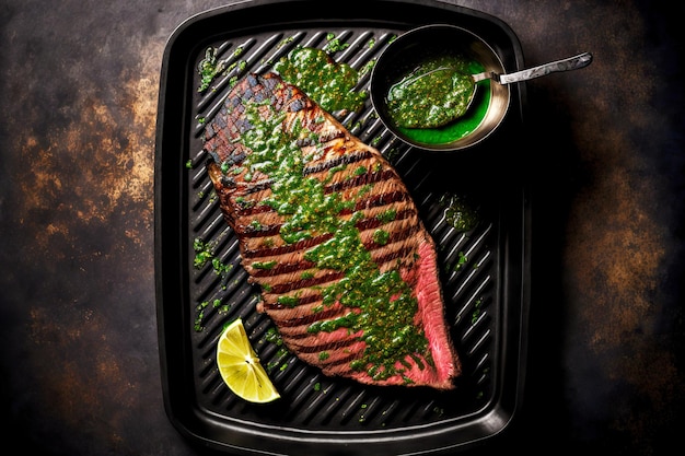 Grilled panfried and drizzled with green sauce delicious flank steak