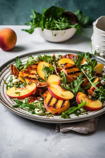 Grilled peaches and peach salad with a side of arugula on a plate