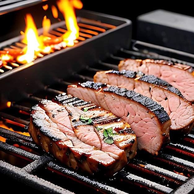 grilled pork or beef steaks with chili and salt are falling down on black background barbecue grill