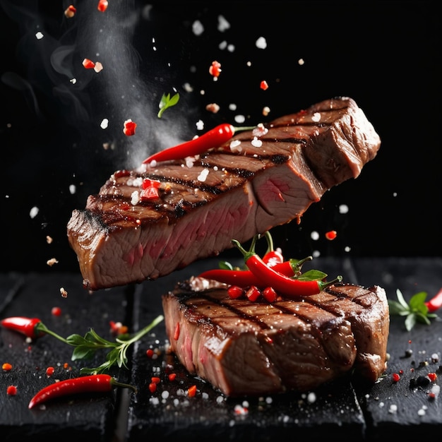 Grilled pork or beef steaks with chilli and salt are falling down on black background barbecue grill