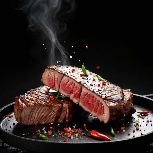 Grilled pork or beef steaks with chilli and salt are falling down on black background barbecue grill