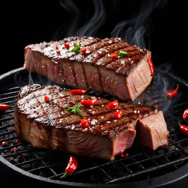 Grilled pork or beef steaks with chilli and salt are falling down on black background barbecue grill