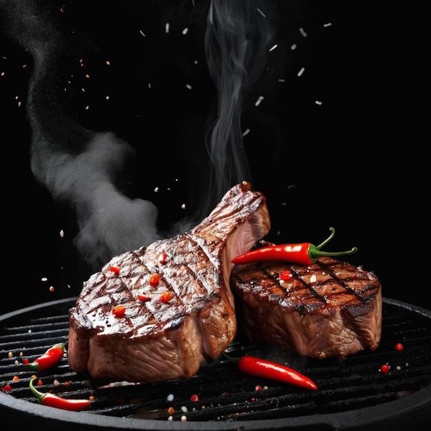 Grilled pork or beef steaks with chilli and salt are falling down on black background barbecue grill