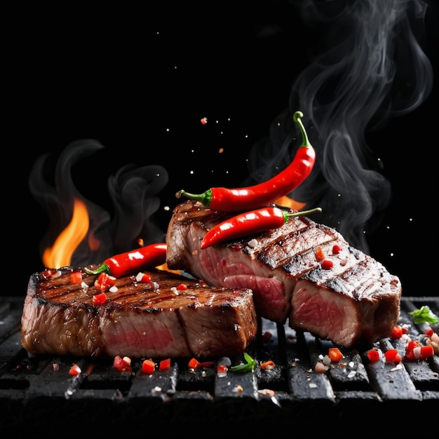 Grilled pork or beef steaks with chilli and salt are falling down on black background barbecue grill