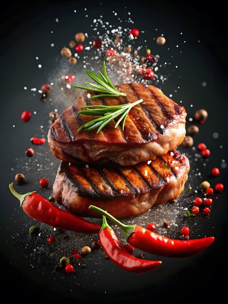 Grilled pork or beef steaks with chilli and salt on black background