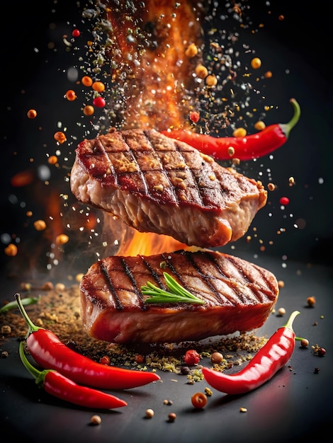 Grilled pork or beef steaks with chilli and salt on black background