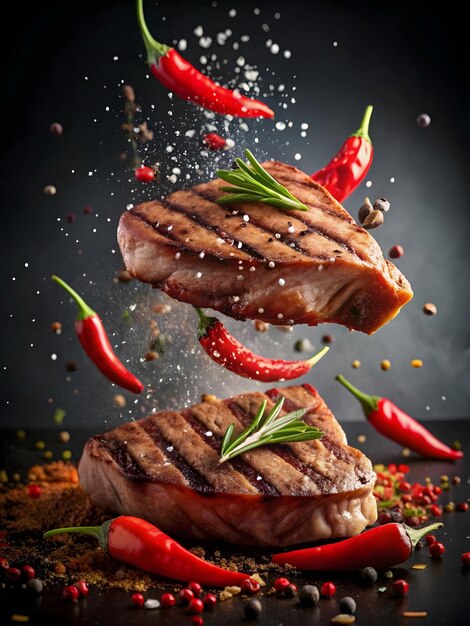 Grilled pork or beef steaks with chilli and salt on black background