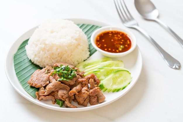 grilled pork garlic with rice with spicy sauce in Asian style