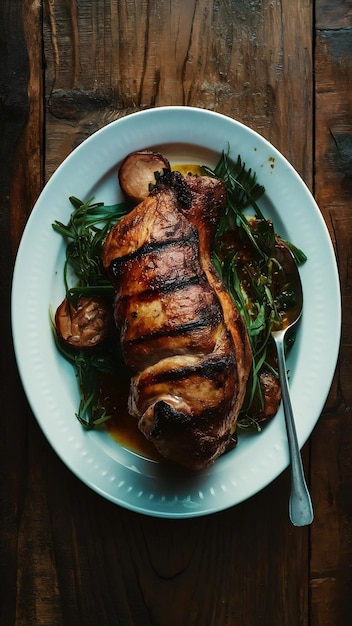 Photo grilled pork neck on a white plate on a wooden table