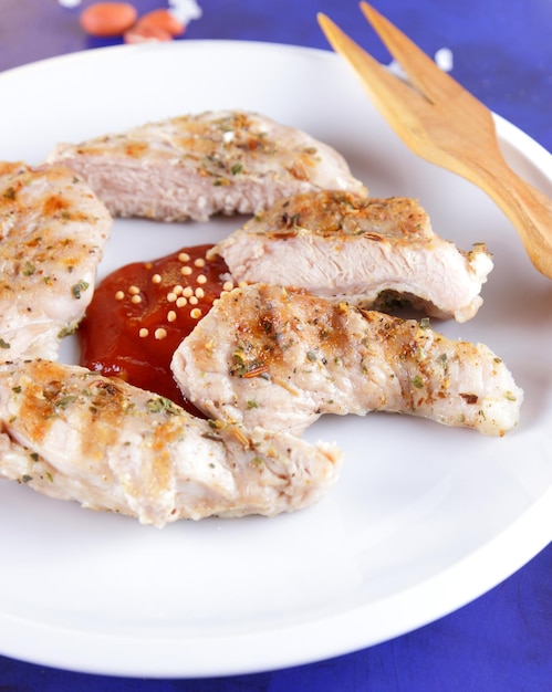 Grilled pork steak with spices on a table Pork steak with wooden fork and tomato sauce on a white plate Closeup