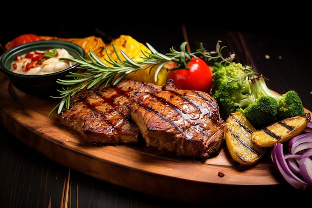 grilled pork steak with vegetables on wood