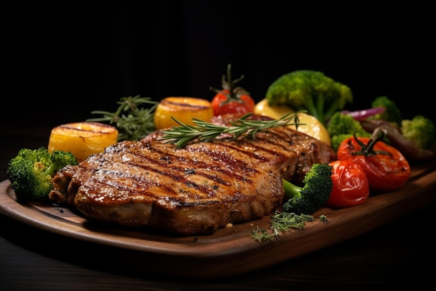 grilled pork steak with vegetables on wood