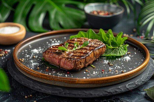 Photo grilled porterhouse beef meat steak with herbs in a pan