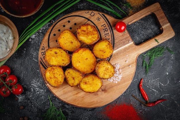 Grilled potatoes served on a wooden board on a dark stone table with vegetables cream and tomato sauce Vegan Cuisine Fast food restaurant delivery service