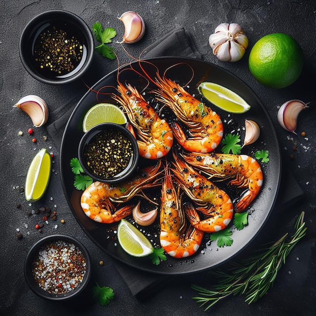 Grilled prawn shrimps with herbs garlic and lime on the black plate served on black stone background