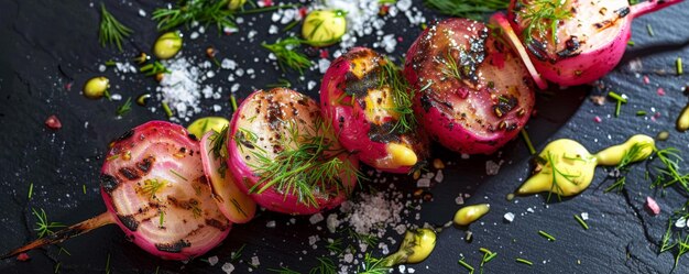 Grilled radishes with charred edges floating with a lemon vinaigrette drizzle garnished with fresh