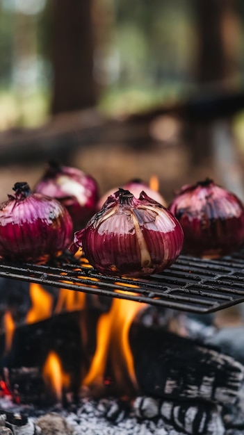 Photo grilled red onions on a grill rack