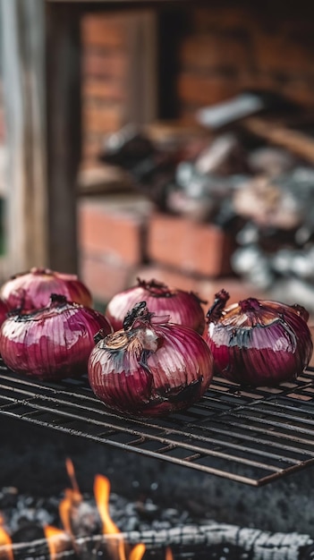 Photo grilled red onions on a grill rack