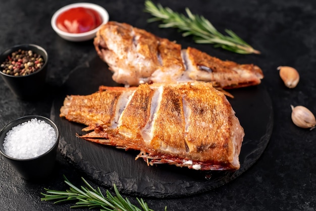 Grilled red sea bass with rosemary and spices on a stone background